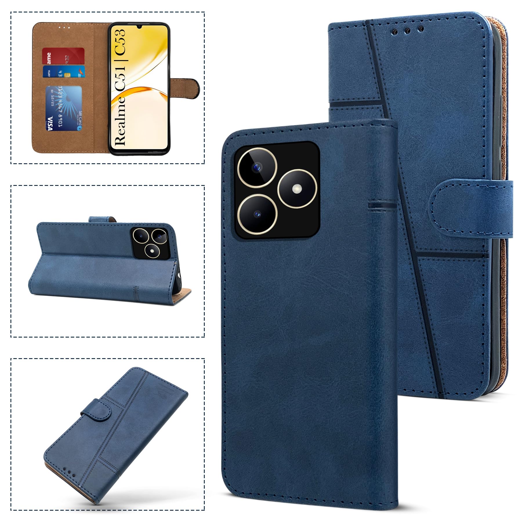 For Realme C51 Flip Cover Case (Stitched Leather with Magnetic Closure)