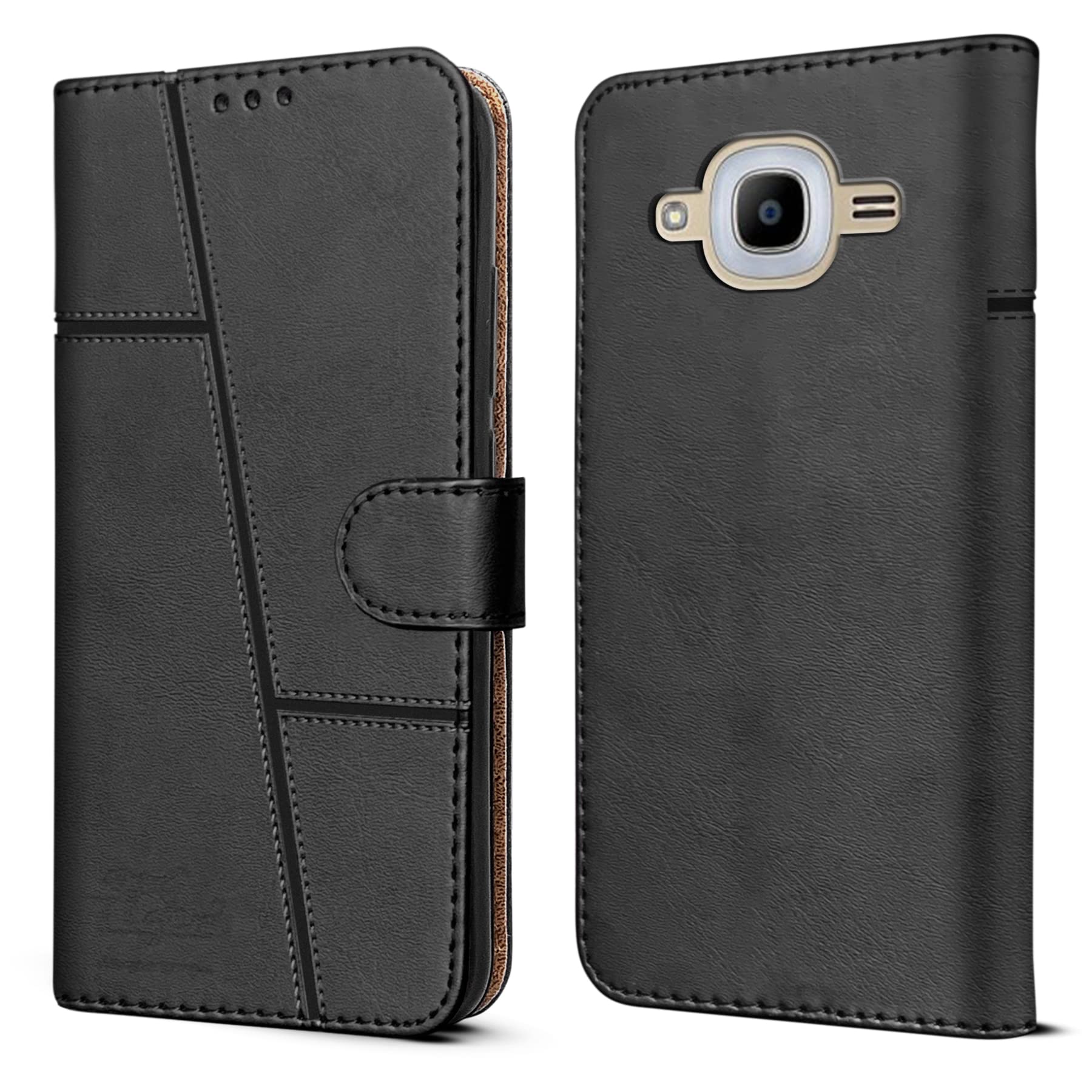 For Samsung Galaxy J2 2016 Flip Cover Case (Stitched Leather Finish | Magnetic Closure | Inner TPU | Foldable Stand | Wallet Card Slots)