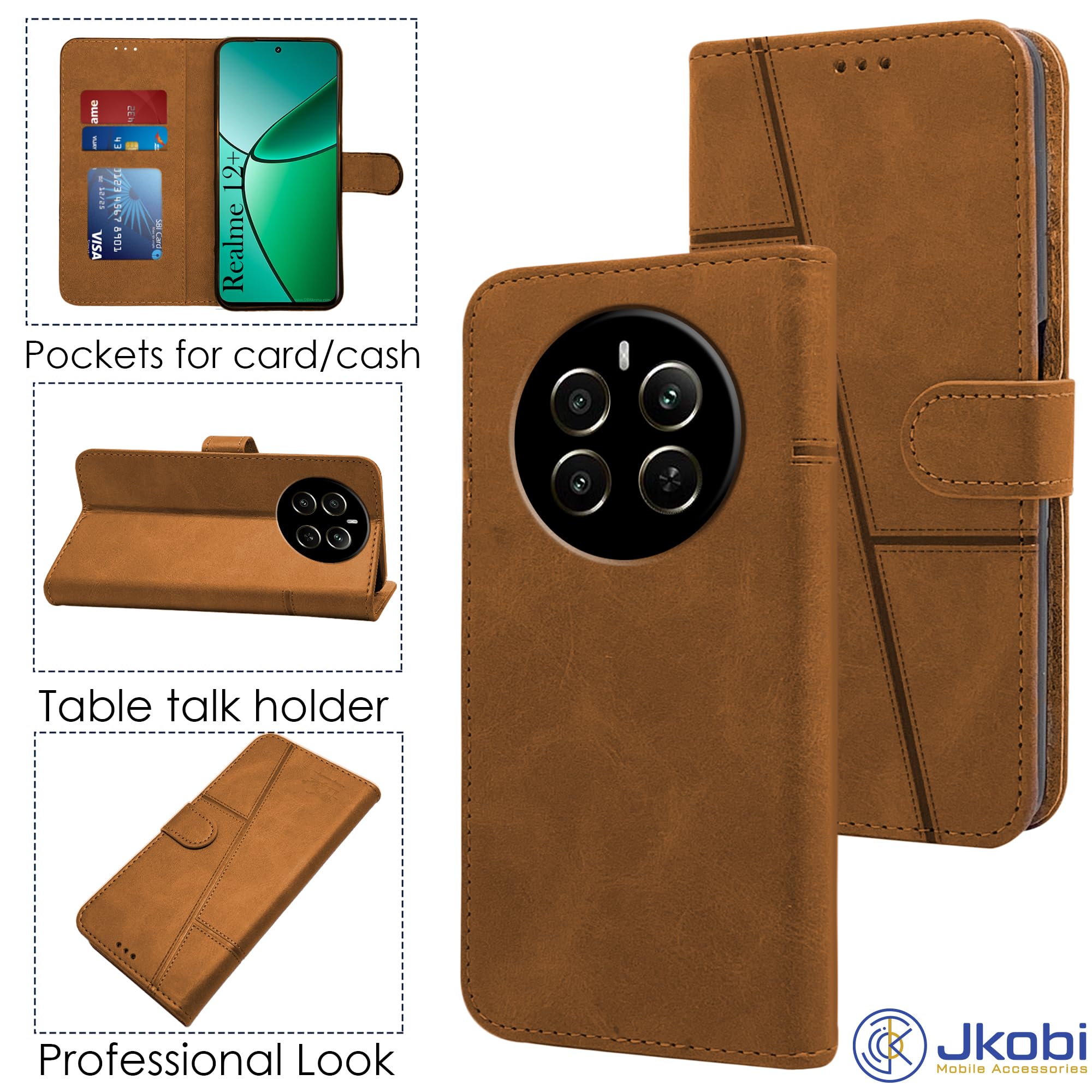 For Realme 12 Plus Flip Cover Case (Stitched Leather with Magnetic Closure)