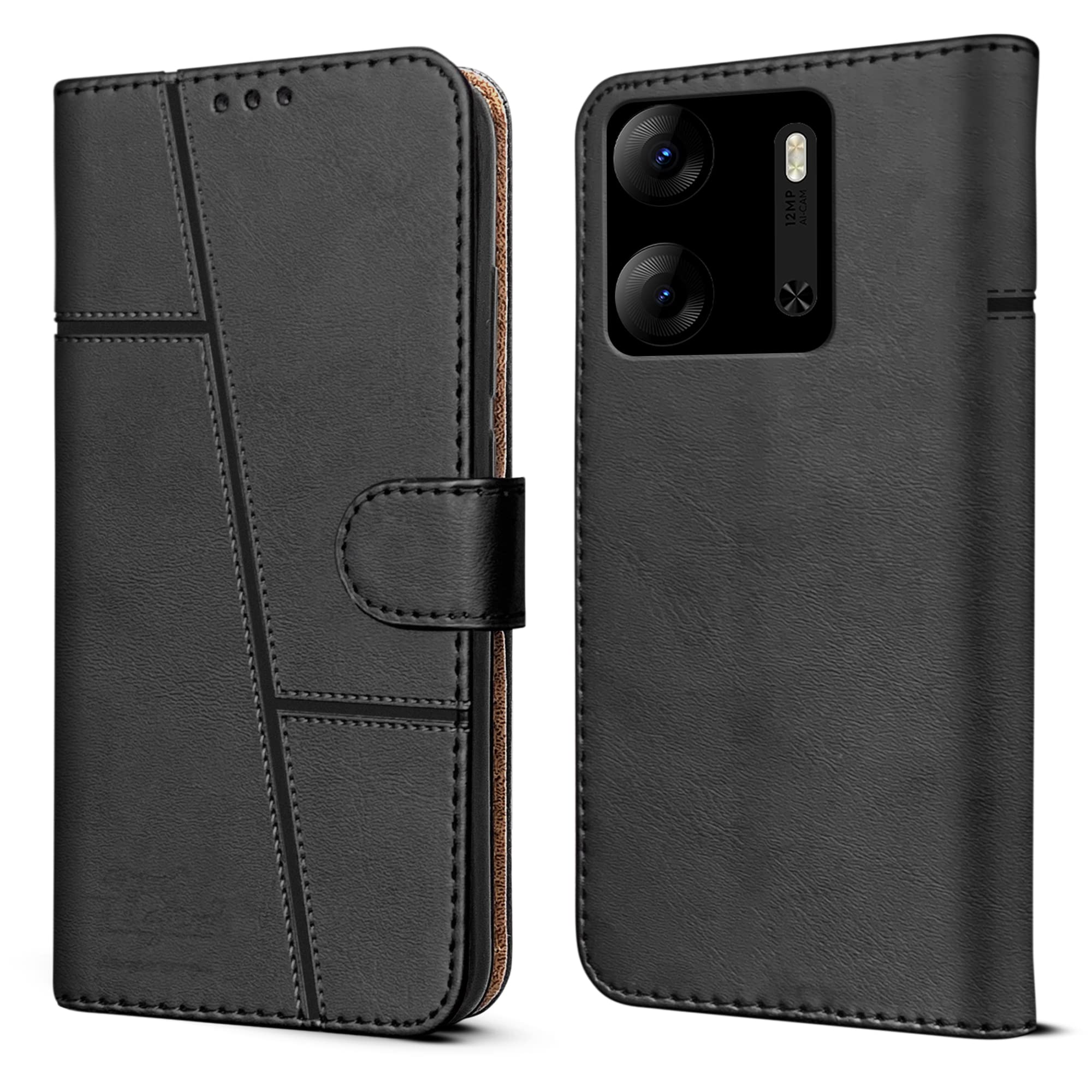 For Tecno POP 7 Pro Flip Cover Case (Stitched Leather with Magnetic Closure)