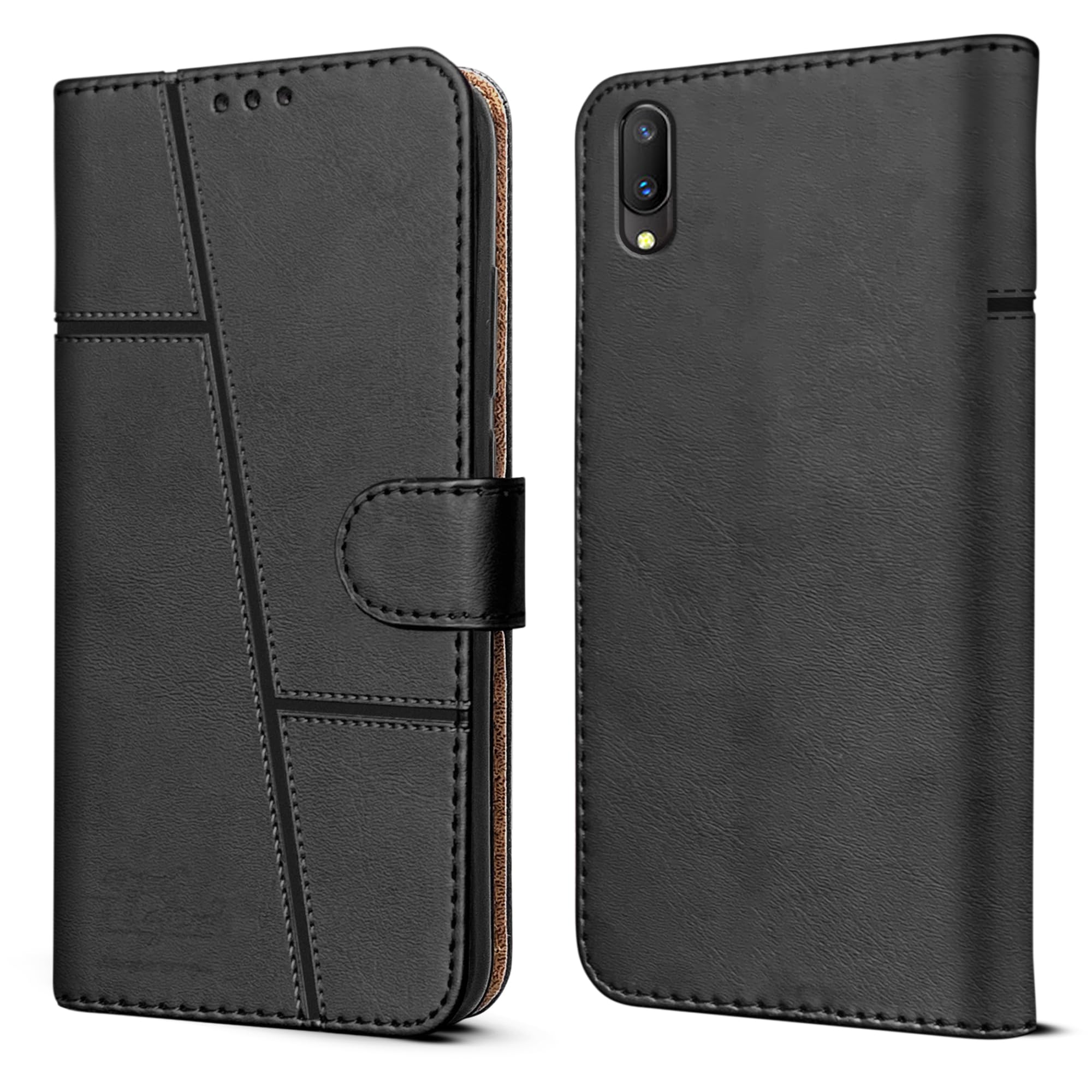 For Vivo V11 Flip Cover Case (Stitched Leather Finish | Magnetic Closure | Inner TPU | Foldable Stand | Wallet Card Slots)
