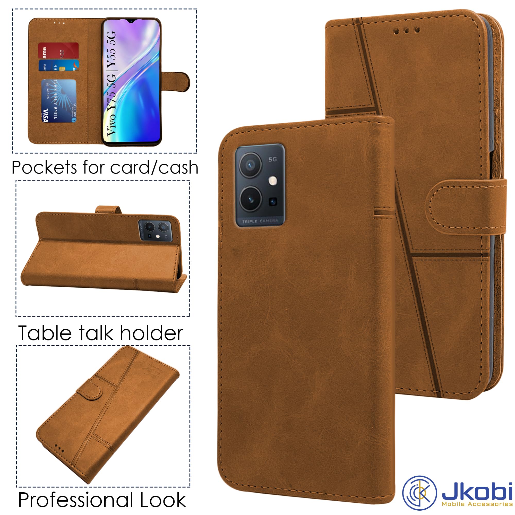 For Vivo Y75 5G | Y55 5G Flip Cover Case (Stitched Leather with Magnetic Closure)