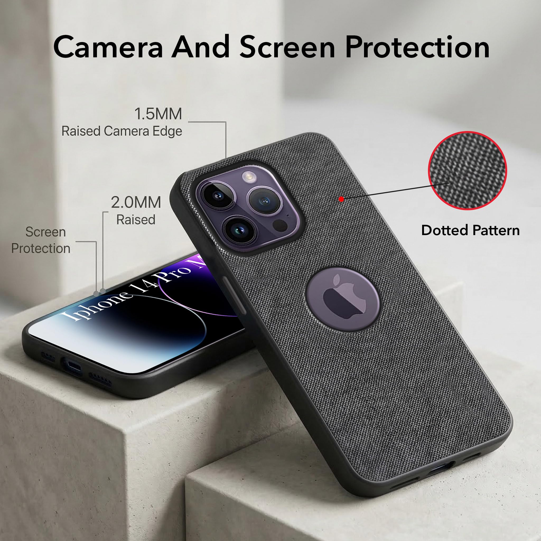 For Apple iPhone 14 Pro Max Combo (Textured Grip Design | Micro-Fiber Cloth Inside | Oleophobic Coating Screen Glass)