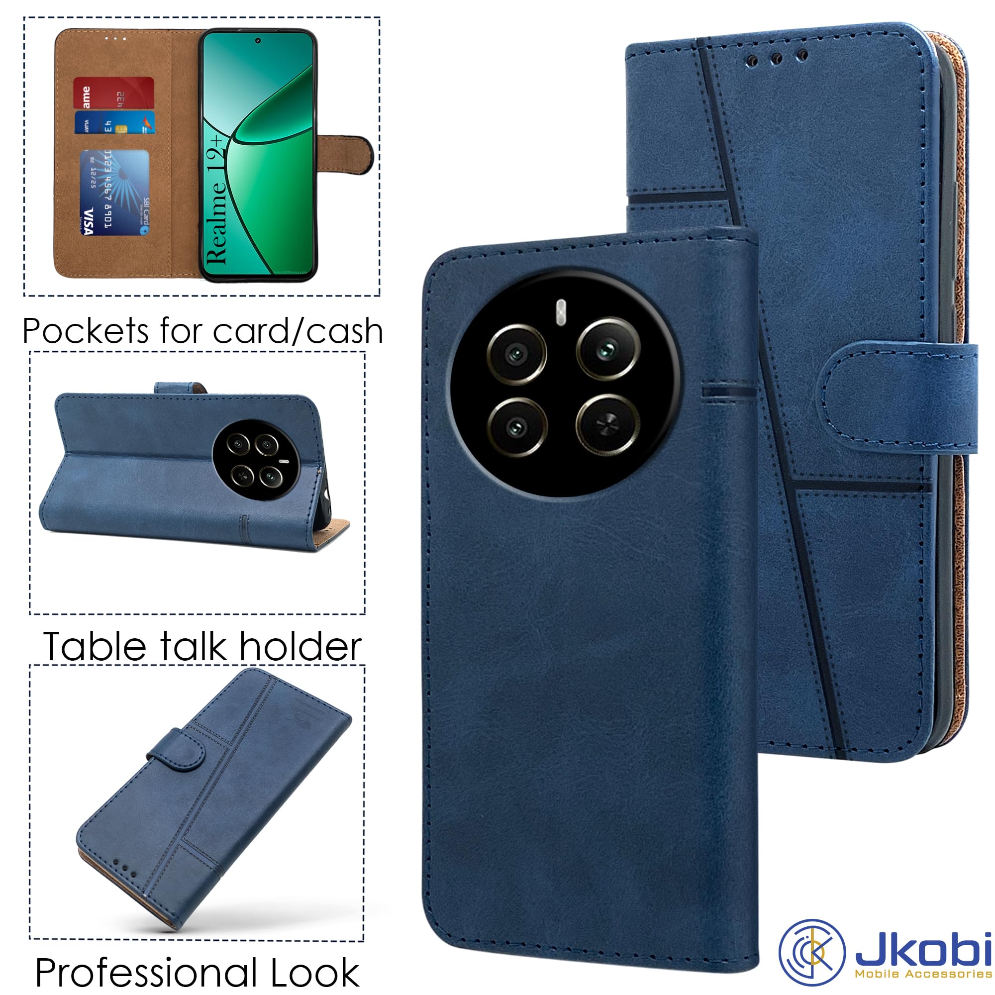 For Realme 12 Plus Flip Cover Case (Stitched Leather with Magnetic Closure)