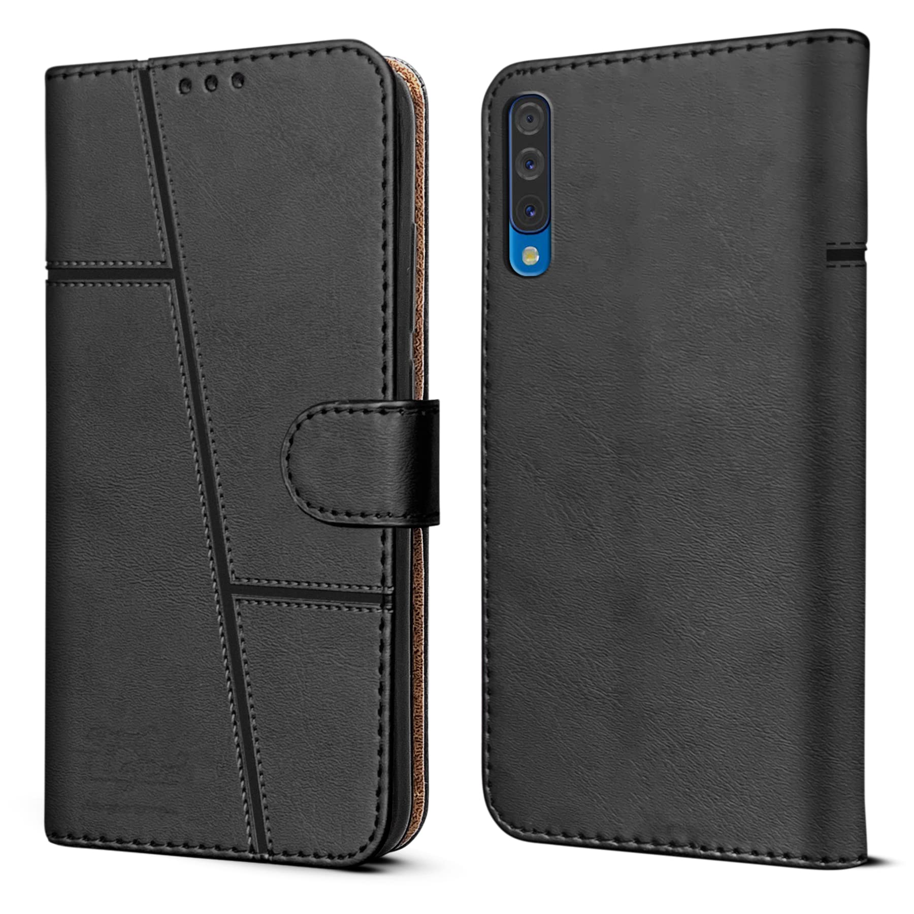 For Samsung Galaxy A30s Flip Cover Case (Stitched Leather Finish | Magnetic Closure | Inner TPU | Foldable Stand | Wallet Card Slots)
