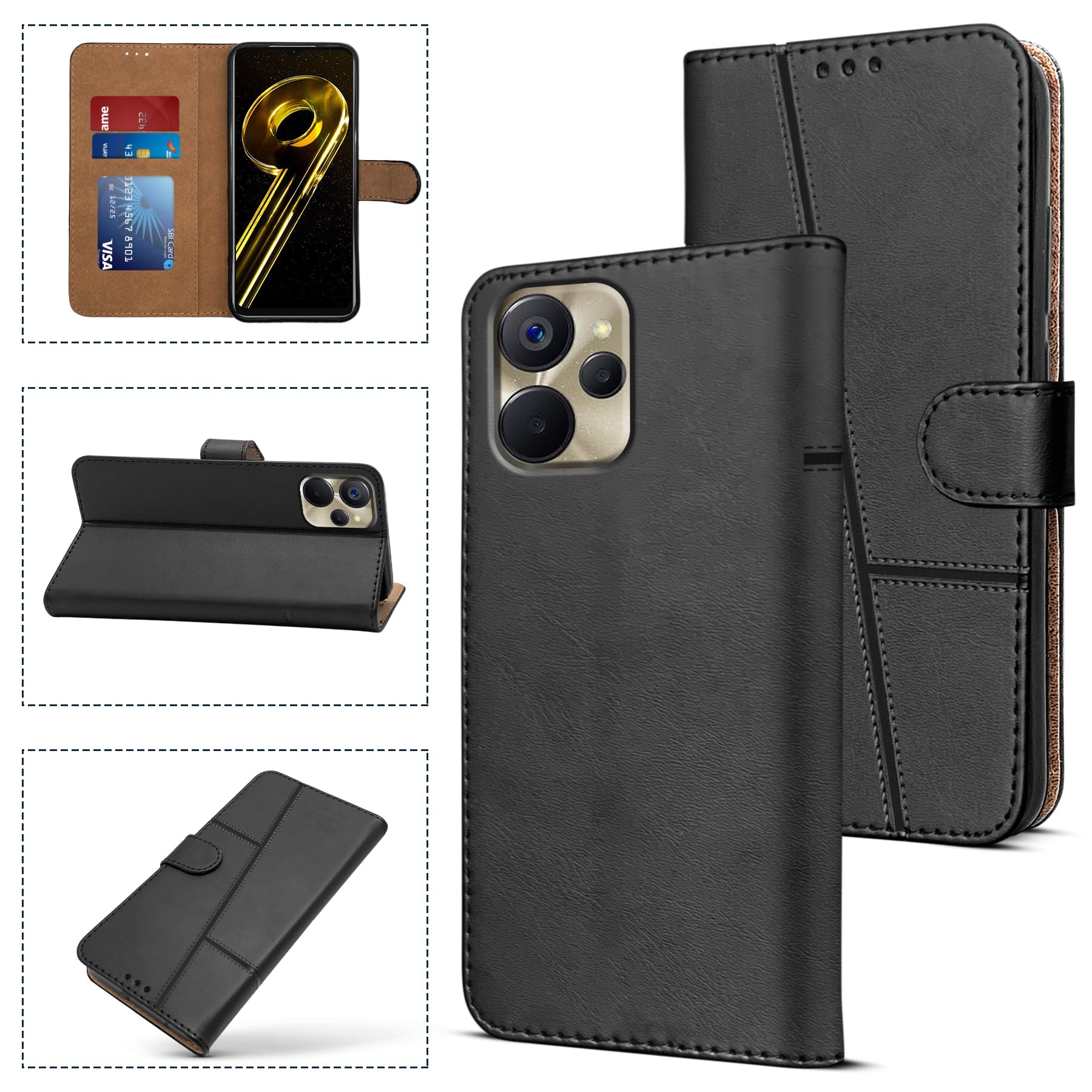 For Realme 9i Flip Cover Case (Stitched Leather with Magnetic Closure)
