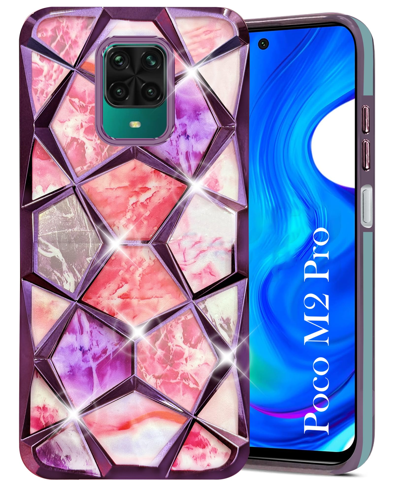 For Compatible With Poco M2 Pro Back Cover Case ( Dual Design Glitter Sparkle and Detachable Diamond Print Case | Soft and Flexible)