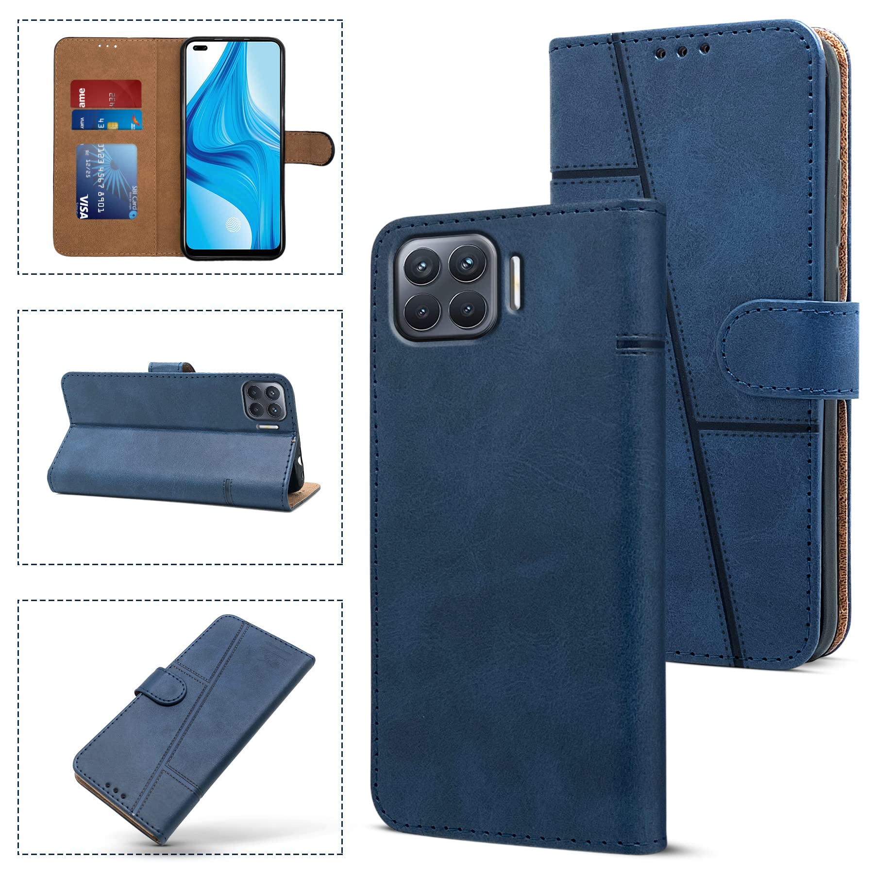 For Oppo Reno 4F Flip Cover Case (Stitched Leather Finish | Magnetic Closure | Inner TPU | Foldable Stand | Wallet Card Slots)