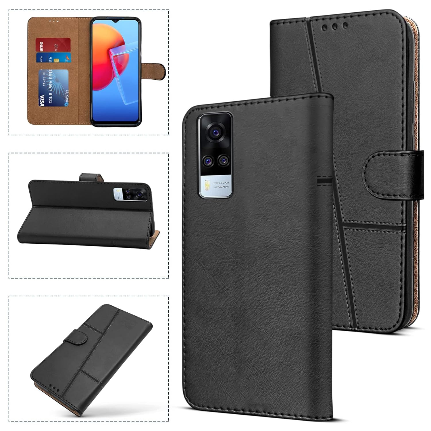 For Vivo Y31 (2021) Flip Cover Case (Stitched Leather Finish | Magnetic Closure | Inner TPU | Foldable Stand | Wallet Card Slots)
