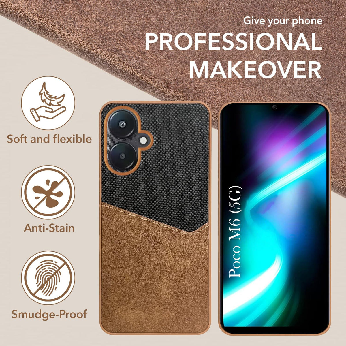 For Poco M6 5G Back Cover Case (Dual PU Leather Stitch | Professional Minimalist | Soft and Flexible)