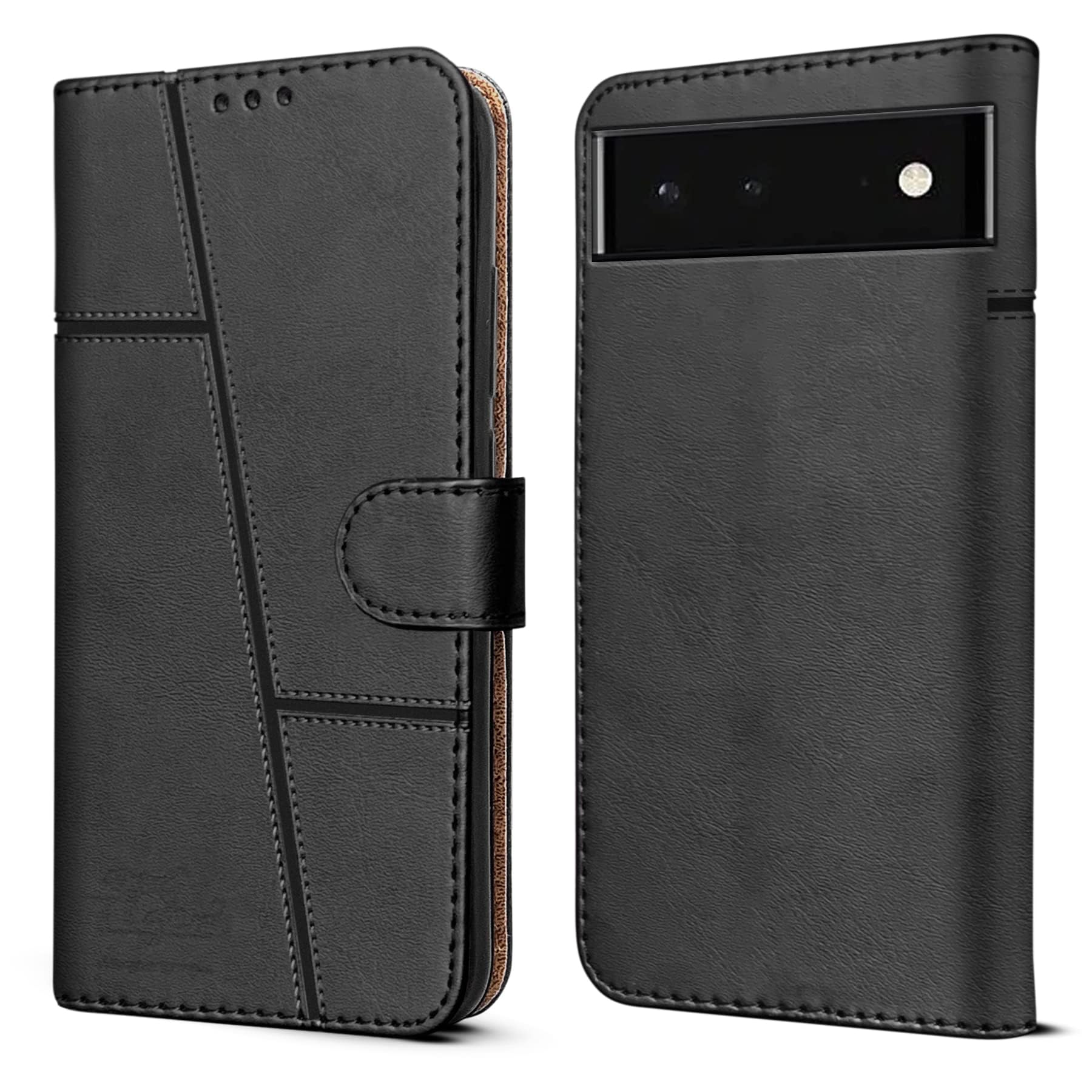 For Google Pixel 6 5G Flip Cover Case (Stitched Leather with Magnetic Closure)