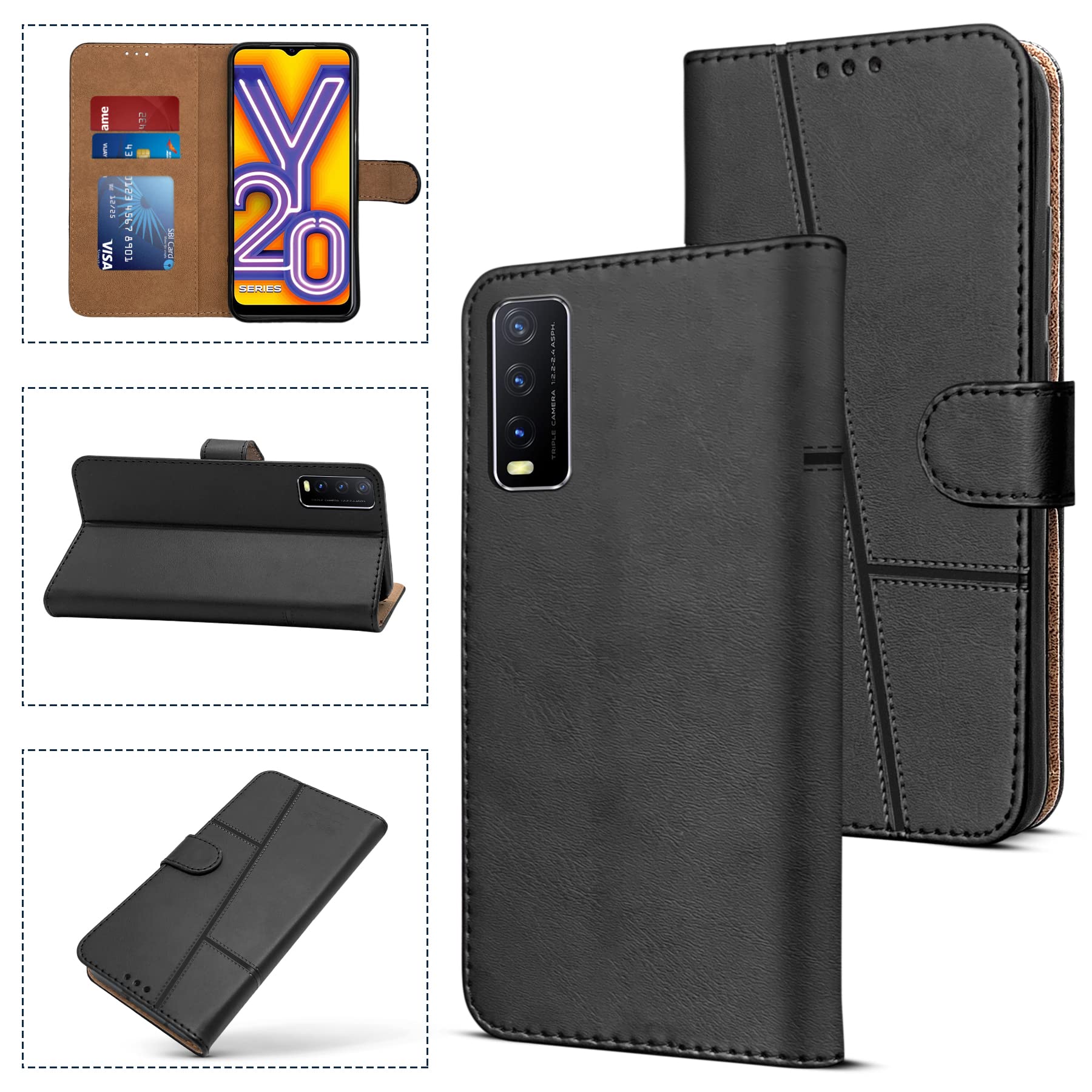 Custodia Portafoglio Vivo Y20s | Cover Magnetica Flip Con Slot Carte E Contanti | Staffa Regolabile Per Video | Pelle PU Nero