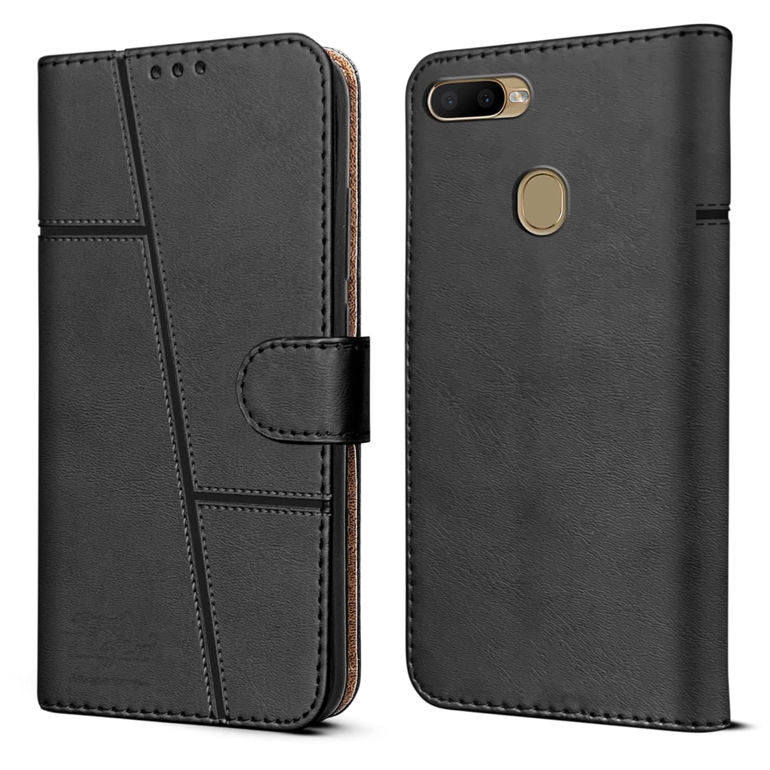 For Oppo A7 Flip Cover Case (Stitched Leather Finish | Magnetic Closure | Inner TPU | Foldable Stand | Wallet Card Slots)