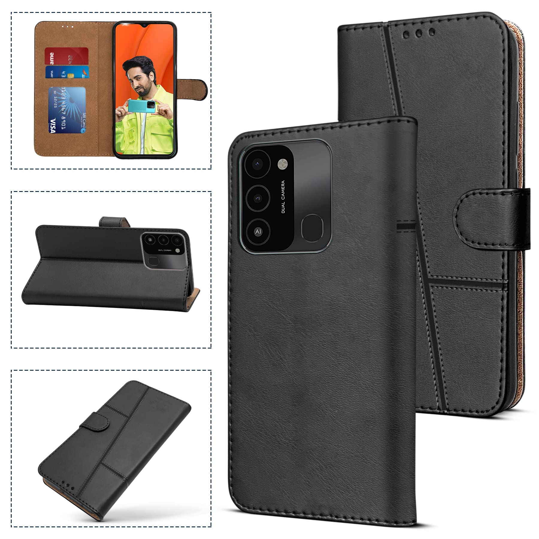 For Tecno Spark Go 2022 Flip Cover Case (Stitched Leather Finish | Magnetic Closure | Inner TPU | Foldable Stand | Wallet Card Slots)