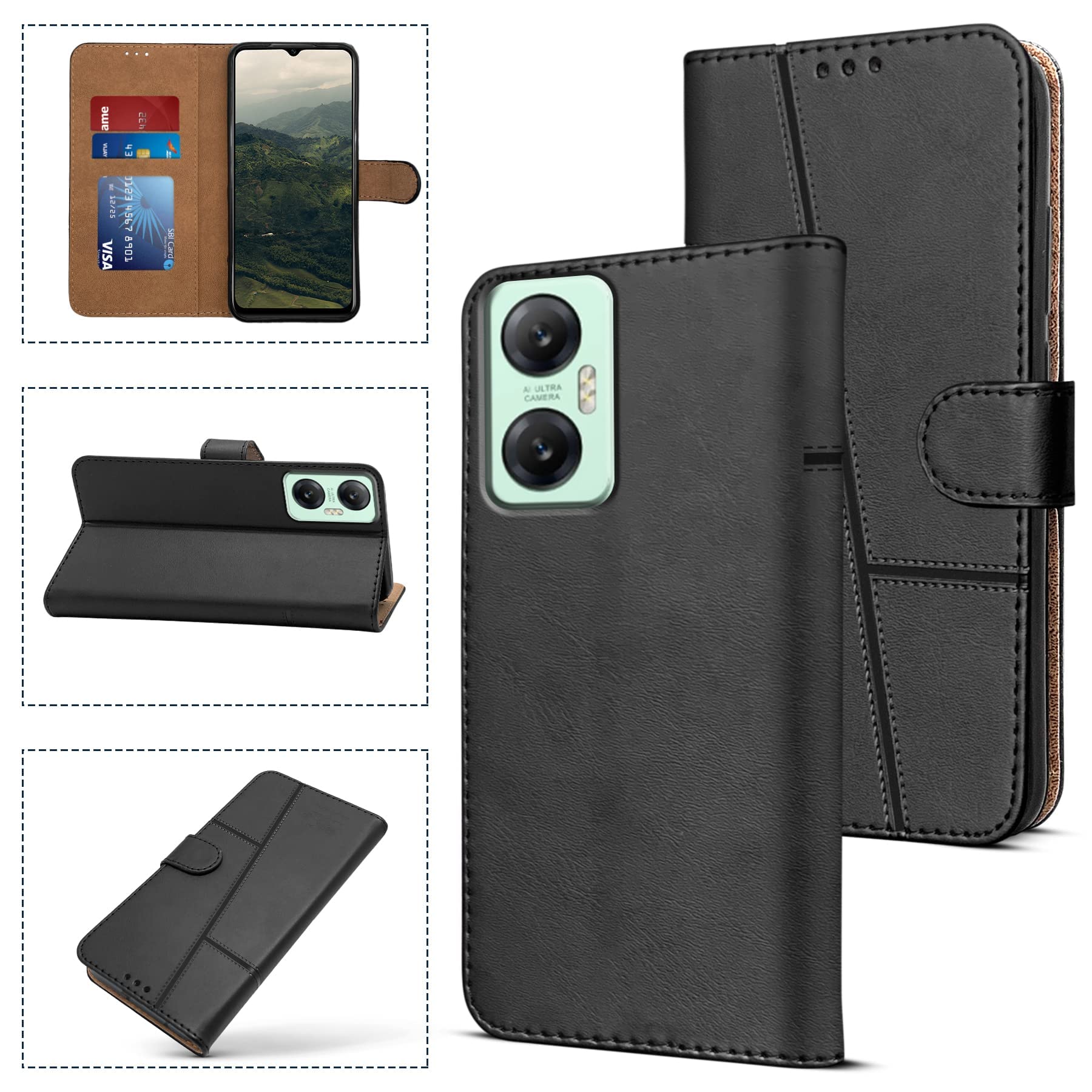 For Infinix Hot 20 5G Flip Cover Case (Stitched Leather Finish | Magnetic Closure | Inner TPU | Foldable Stand | Wallet Card Slots)