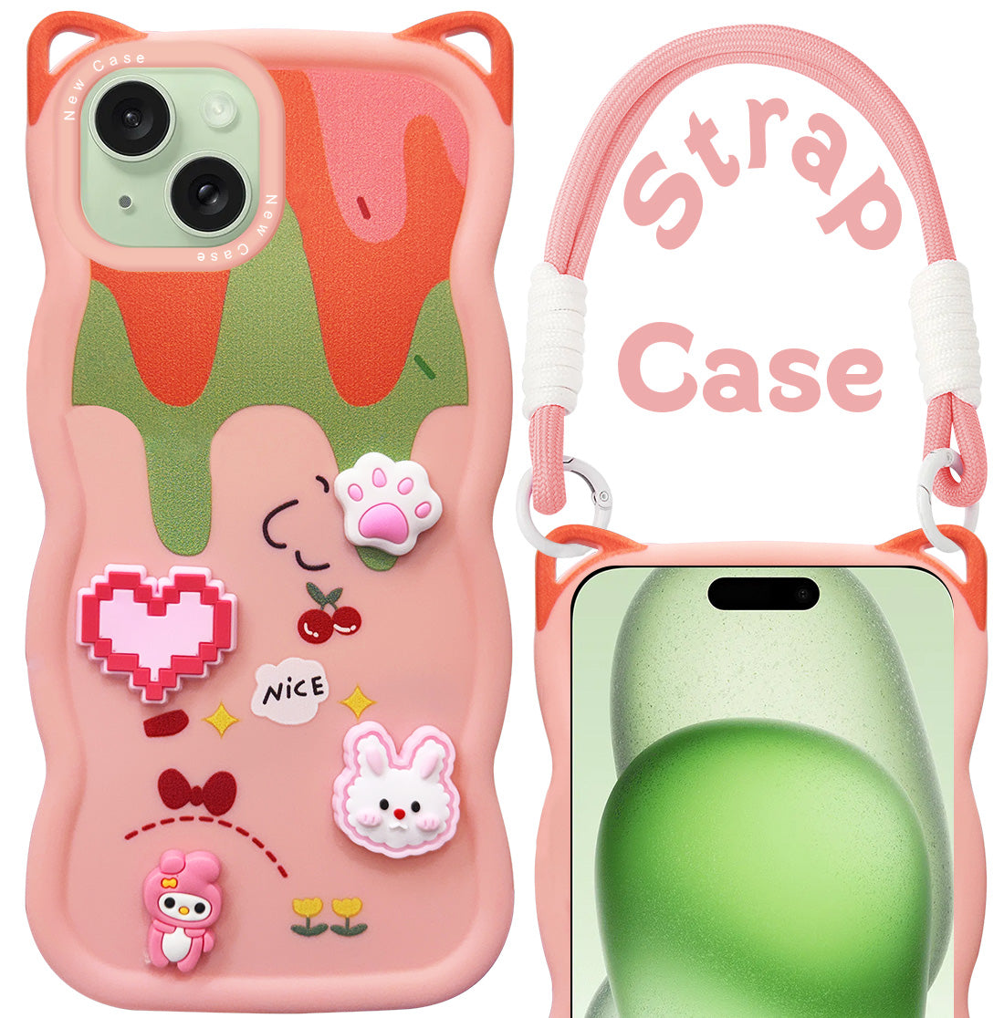 For Apple iPhone 15 Back Case Cover Strap (3D Embossed Figures | Strap Holder | 360* Soft Cushion with Camera Bump)