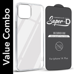 For Apple iPhone 14 Plus Combo with Back Cover and 9H Tempered Glass (Lifetime Anti-Yellow | Sleek Hard Crystal | Oleophobic Coating Screen Glass)