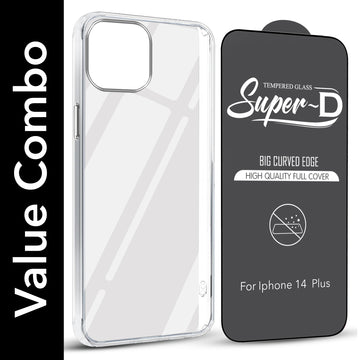 For Apple iPhone14 Plus Combo with Back Cover and 9H Tempered Glass (Lifetime Anti-Yellow | Sleek Hard Crystal | Oleophobic Coating Screen Glass)