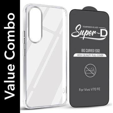 For Vivo V70 FE Combo with Back Cover and 9H Tempered Glass (Lifetime Anti-Yellow | Sleek Hard Crystal | Oleophobic Coating Screen Glass)