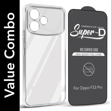 For Oppo F33 Pro Combo with Back Cover and 9H Tempered Glass (Lifetime Anti-Yellow | Sleek Hard Crystal | Oleophobic Coating Screen Glass)