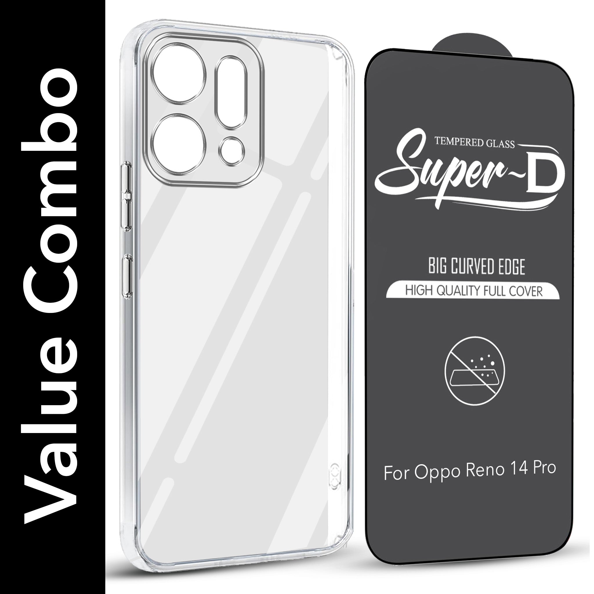 For Oppo Reno14 Pro 5G | Oppo Reno 14 Pro 5G Combo with Back Cover and 9H Tempered Glass (Lifetime Anti-Yellow | Sleek Hard Crystal | Oleophobic Coating Screen Glass)