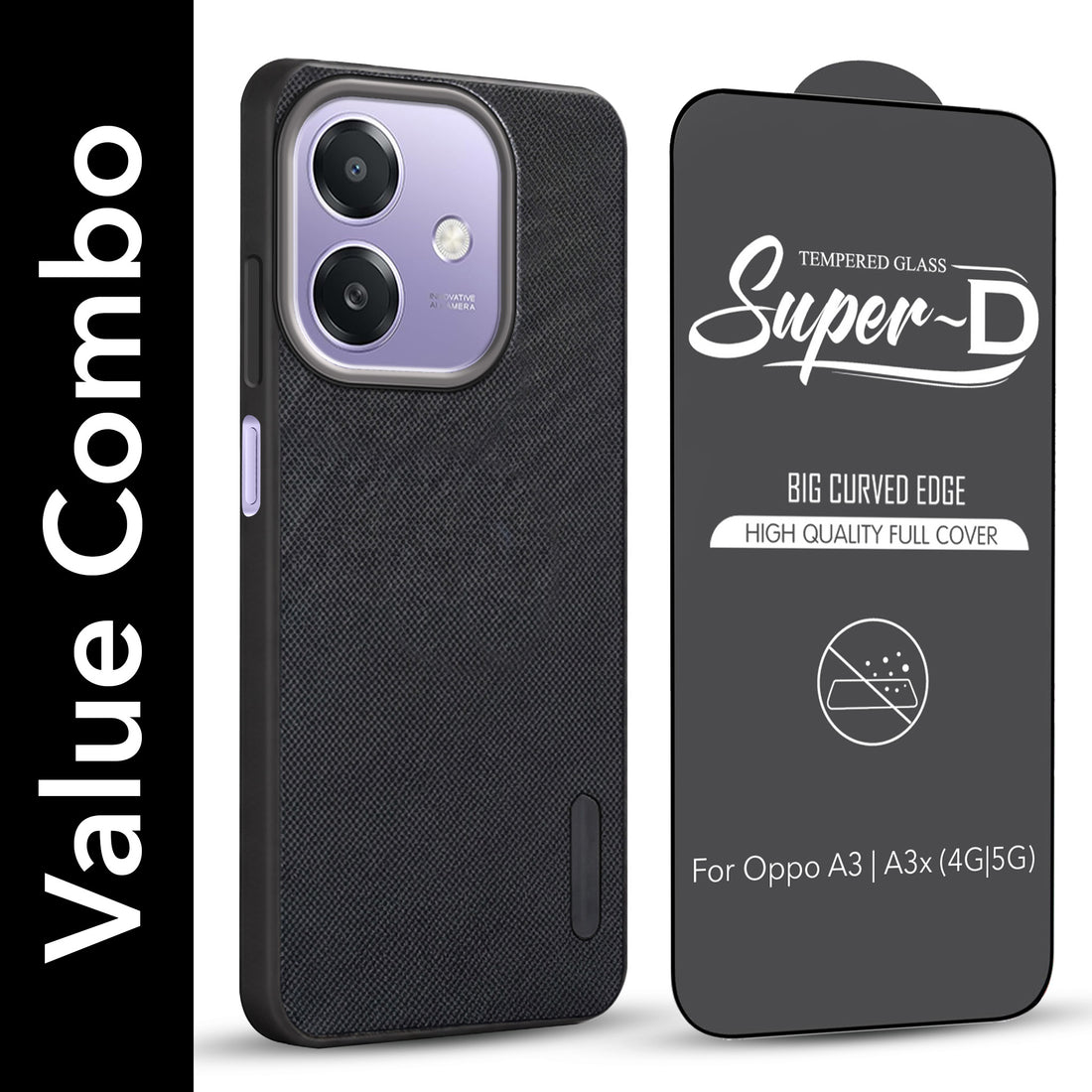 For Oppo A3X (4G/5G) | Oppo A3 5G Combo with Back Cover and 9H Tempered Glass (Textured Grip Design | Micro-Fiber Cloth Inside | Oleophobic Coating Screen Glass)