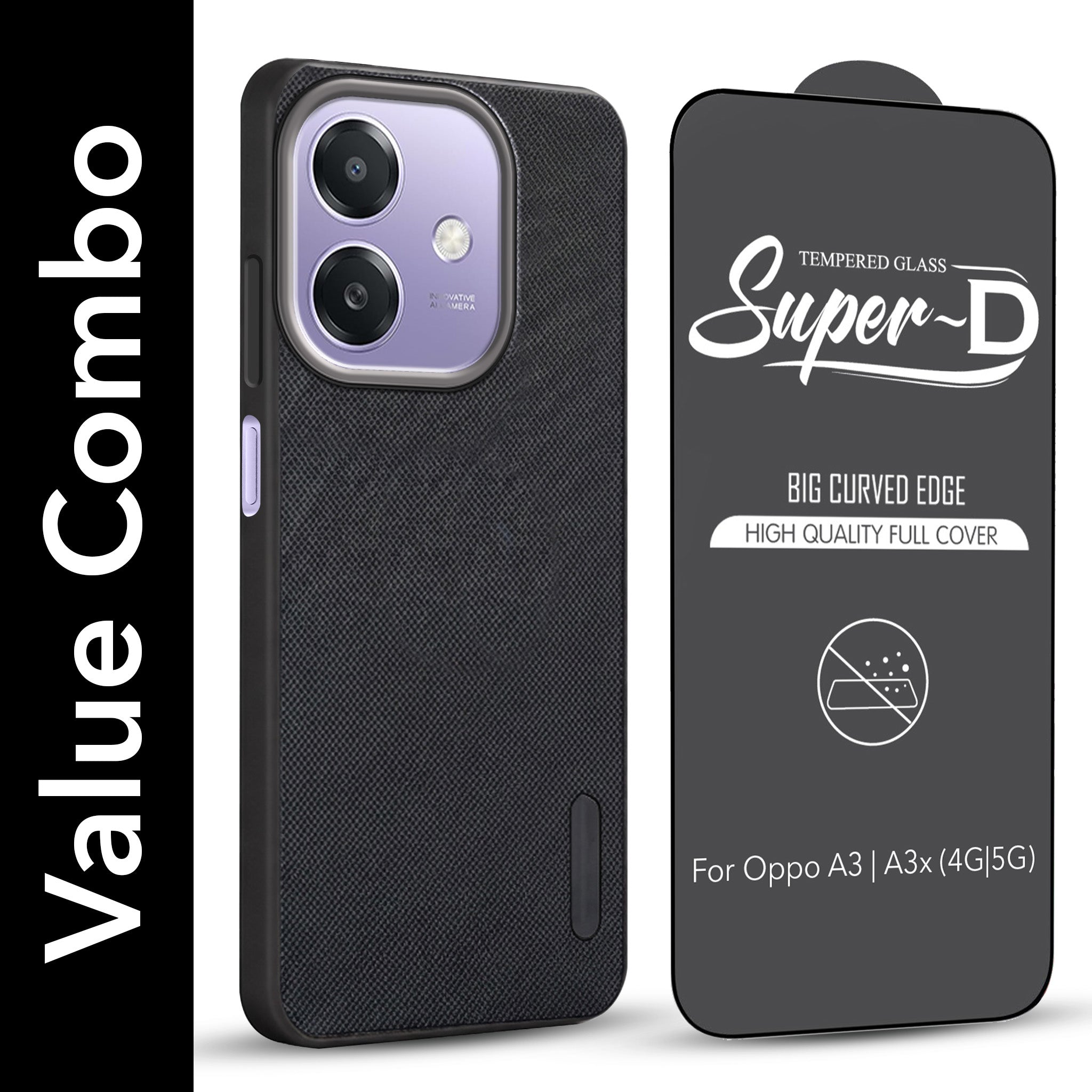 For Oppo A3X (4G/5G) | Oppo A3 5G Combo with Back Cover and 9H Tempered Glass (Textured Grip Design | Micro-Fiber Cloth Inside | Oleophobic Coating Screen Glass)