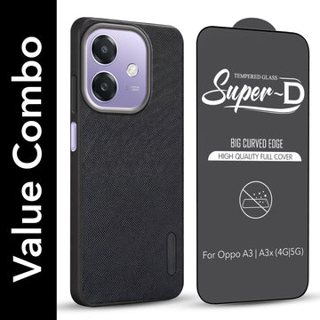 For Oppo A3X (4G/5G) | Oppo A3 5G Combo with Back Cover and 9H Tempered Glass (Textured Grip Design | Micro-Fiber Cloth Inside | Oleophobic Coating Screen Glass)