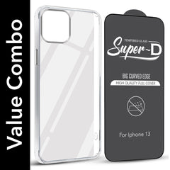 For Apple iPhone 13 Combo with Back Cover and 9H Tempered Glass (Lifetime Anti-Yellow | Sleek Hard Crystal | Oleophobic Coating Screen Glass)
