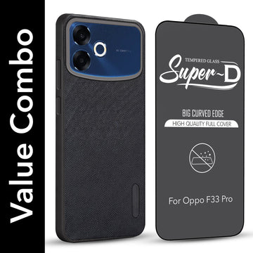 For Oppo F33 Pro 5G Combo with Back Cover and 9H Tempered Glass (Textured Grip Design | Micro-Fiber Cloth Inside | Oleophobic Coating Screen Glass)