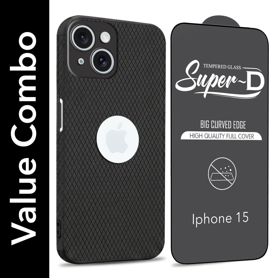 For Apple iPhone 15 Combo with Back Cover and 9H Tempered Glass (Liquid Silicone | Camera Protection | Oleophobic Coating Screen Glass)