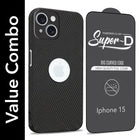 For Apple iPhone 15 Combo with Back Cover and 9H Tempered Glass (Liquid Silicone | Camera Protection | Oleophobic Coating Screen Glass)