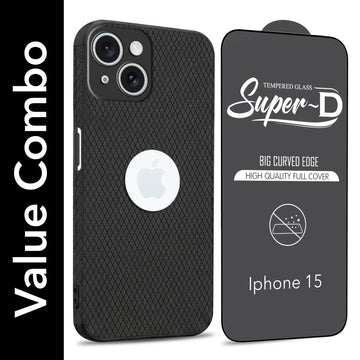 For Apple iPhone 15 Combo with Back Cover and 9H Tempered Glass (Liquid Silicone | Camera Protection | Oleophobic Coating Screen Glass)