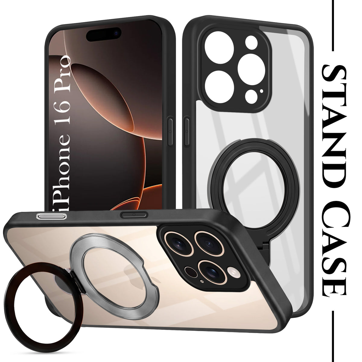 For Apple iPhone 16 Pro Back Cover Case (Kick Stand Ring Holder | Life time Anti Yellow | Camera Protection)