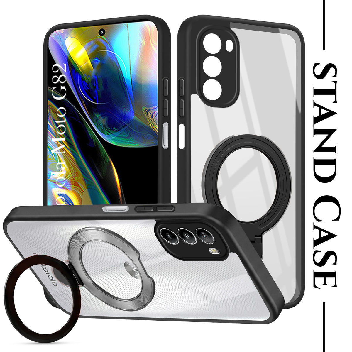For Motorola Moto G82 5G Back Cover Case (Kick Stand Ring Holder | Life time Anti Yellow | Camera Protection)