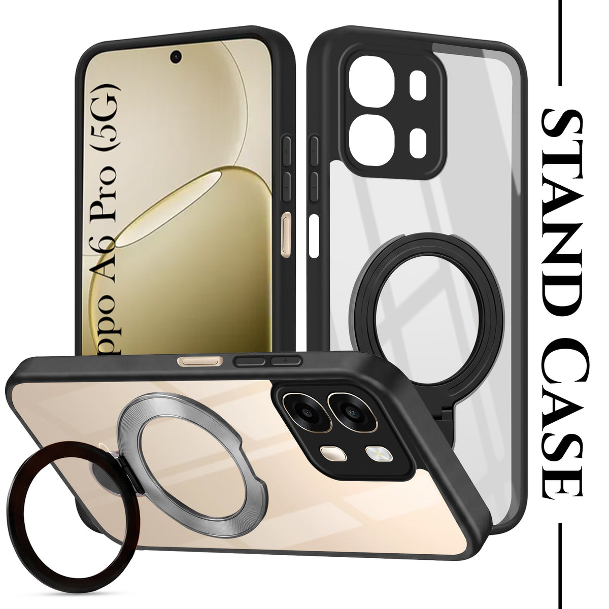 For Oppo A6 Pro Back Cover Case (Kick Stand Ring Holder | Life time Anti Yellow | Camera Protection)