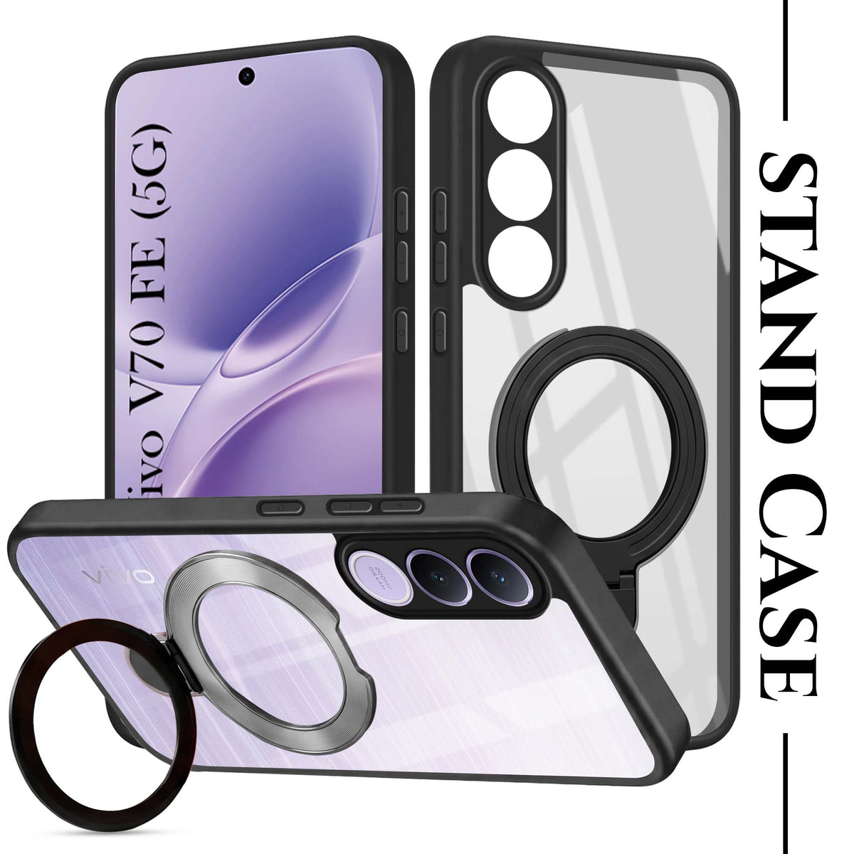 For Vivo V70 FE 5G Back Cover Case (Kick Stand Ring Holder | Life time Anti Yellow | Camera Protection)