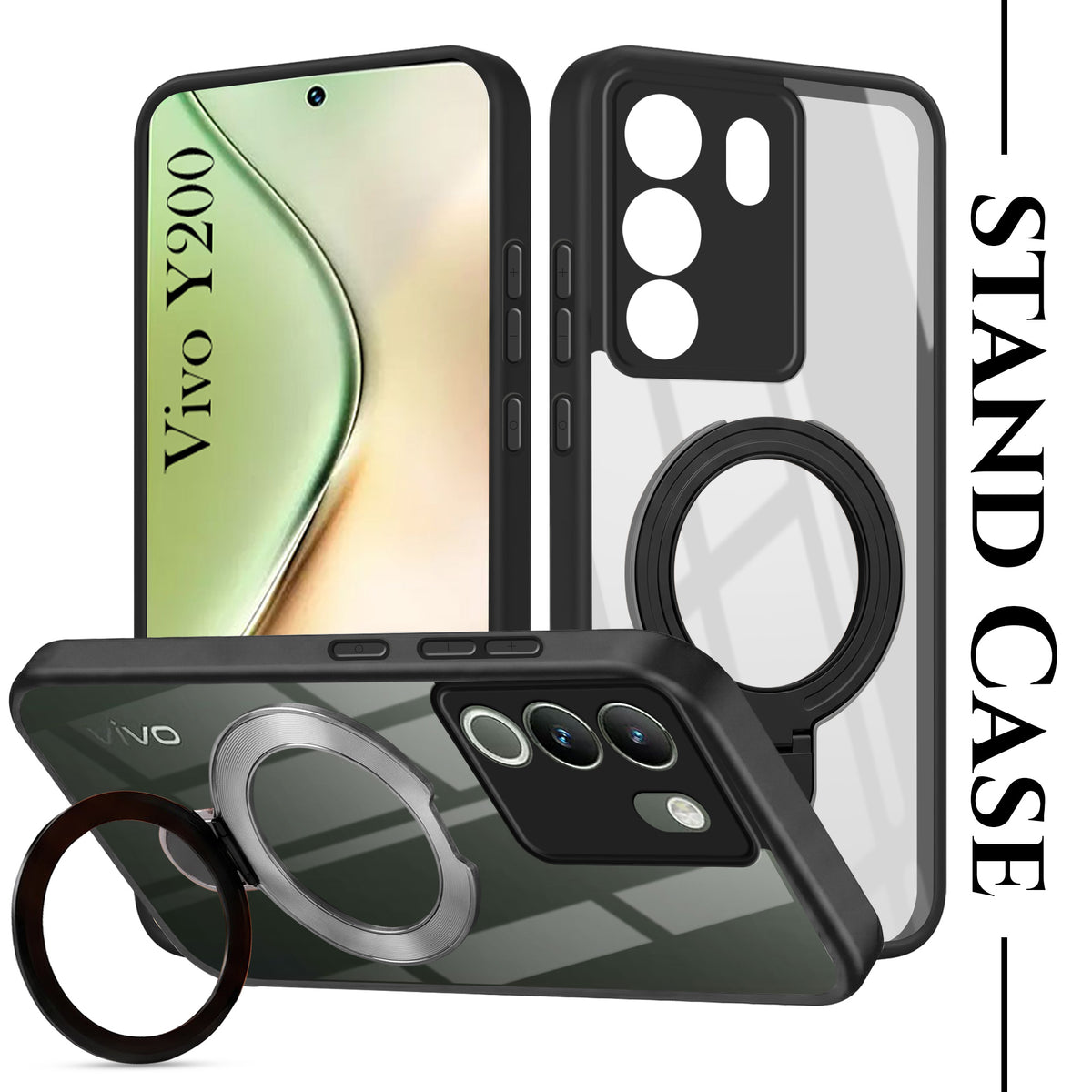 For Vivo Y200 Back Cover Case (Kick Stand Ring Holder | Life time Anti Yellow | Camera Protection)