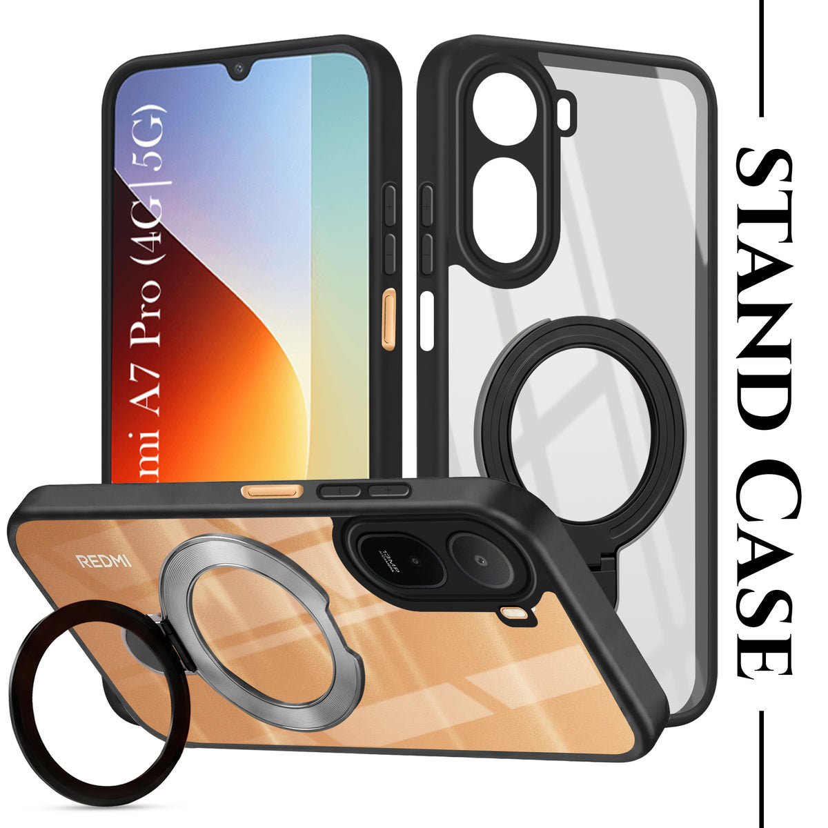 For Redmi A7 Pro 4G|5G Back Cover Case (Kick Stand Ring Holder | Life time Anti Yellow | Camera Protection)