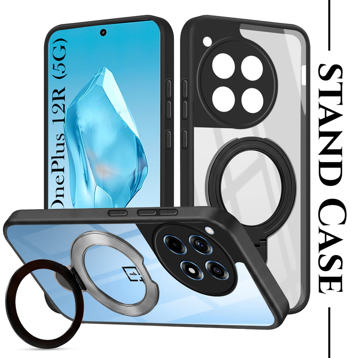 For OnePlus 12R 5G Back Cover Case (Kick Stand Ring Holder | Life time Anti Yellow | Camera Protection)