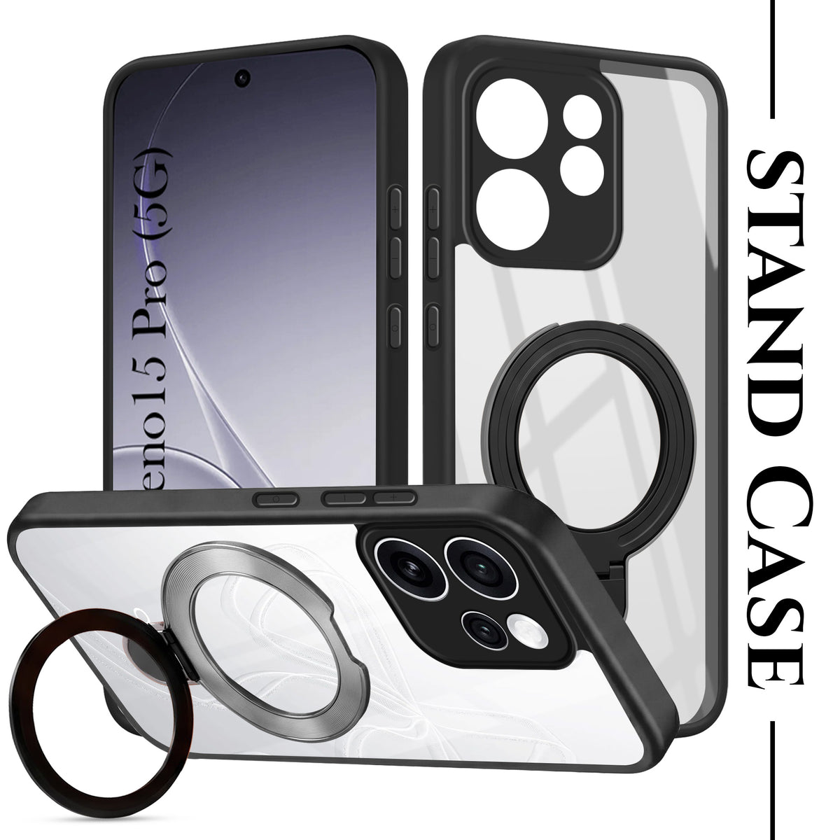 For Oppo Reno15 Pro 5G Back Cover Case (Kick Stand Ring Holder | Life time Anti Yellow | Camera Protection)