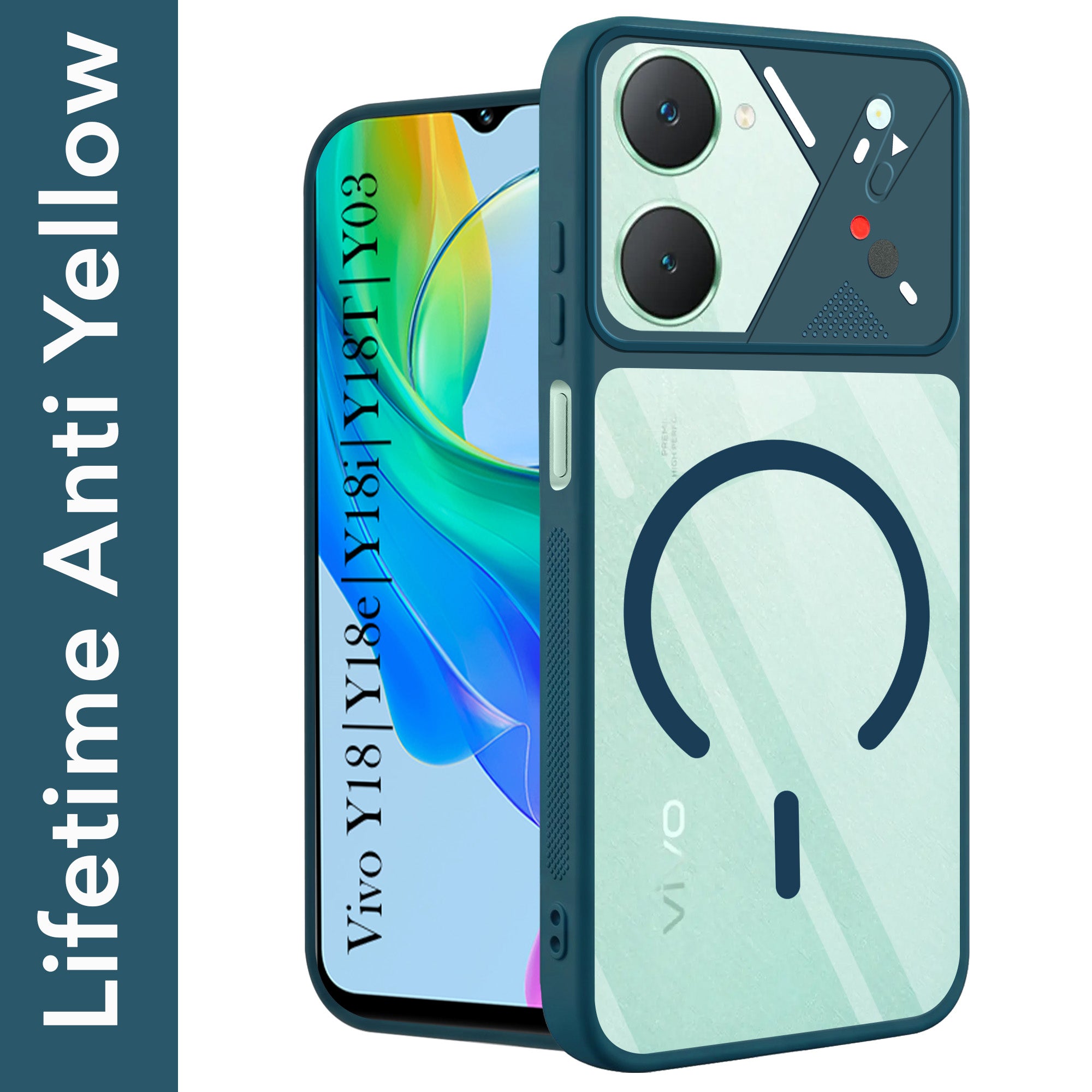 For Y18 | Vivo Y18e | Vivo Y03 | Vivo Y18i | Vivo Y18T Back Cover Case Lifetime Anti-Yellow Clear (Camera Protection | Side Grip | Wireless MagSafe Compatible)
