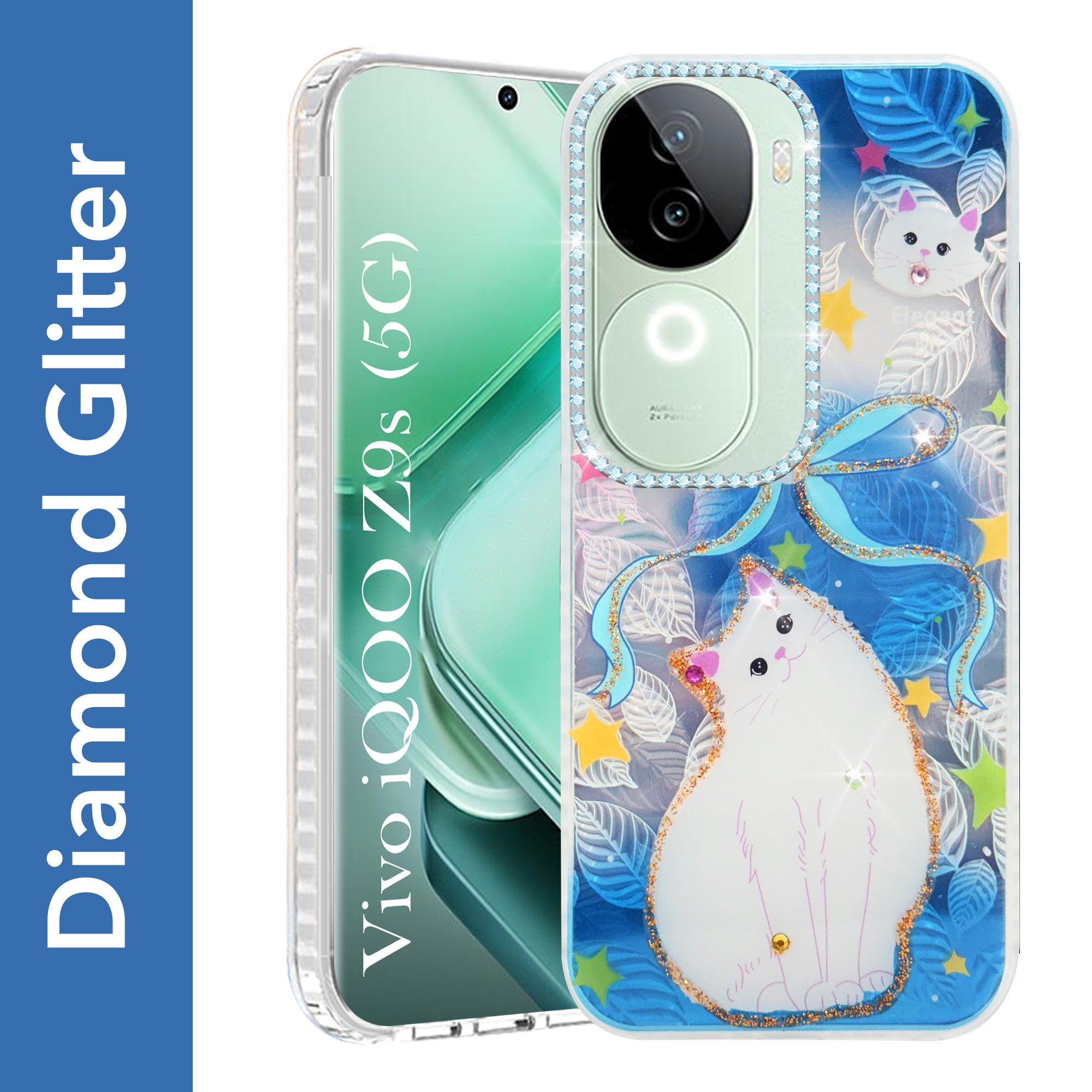 For Vivo iQOO Z9s  Back Cover Case (Luxury Floral Glitter Cute Butterfly | Diamond Studded Camera Bump | Girls & Women Design)