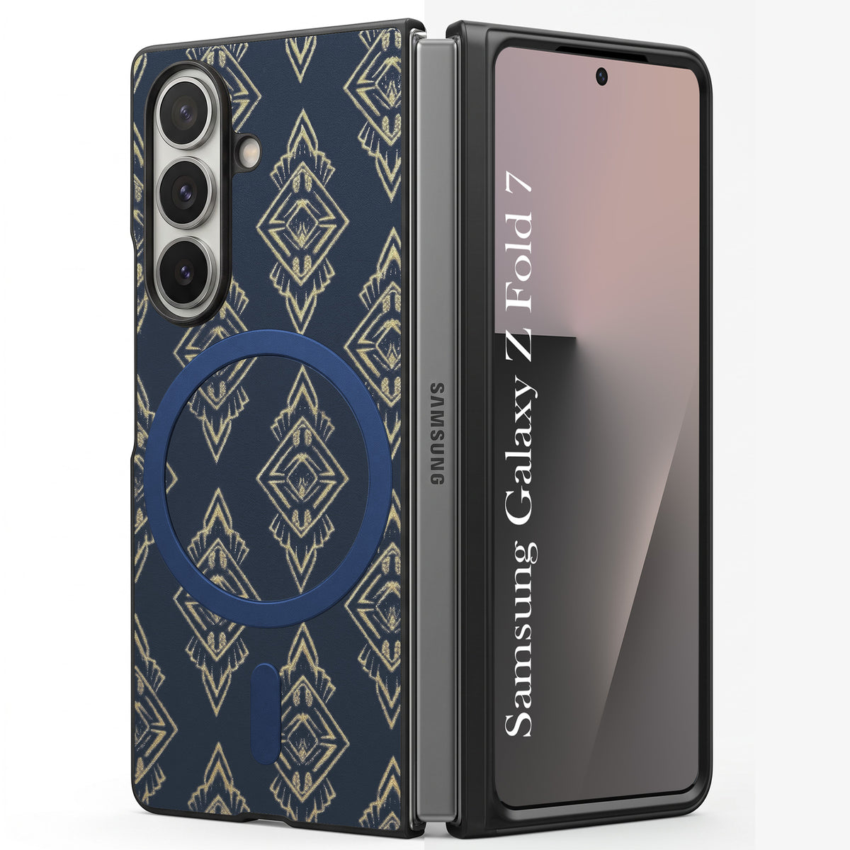 For Samsung Galaxy Z Fold 7 Back Cover Case Premium Magnetic (MagSafe Compatible | 180° Folding Design | Geometric Gold Pattern | Soft Microfiber Inner Lining)
