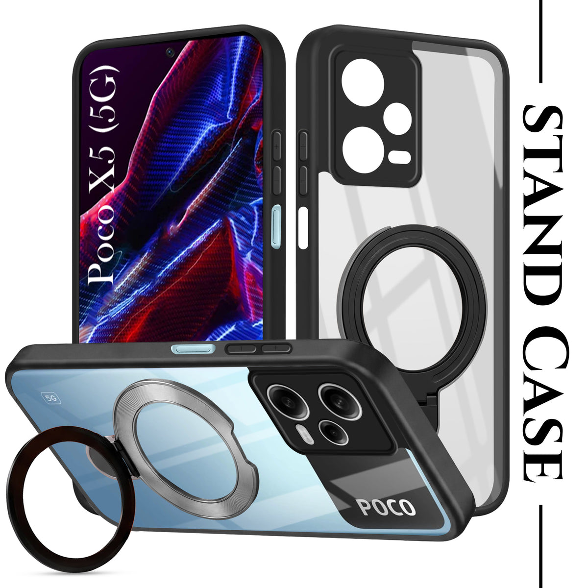For Xiaomi Poco X5 5G Back Cover Case (Kick Stand Ring Holder | Life time Anti Yellow | Camera Protection)
