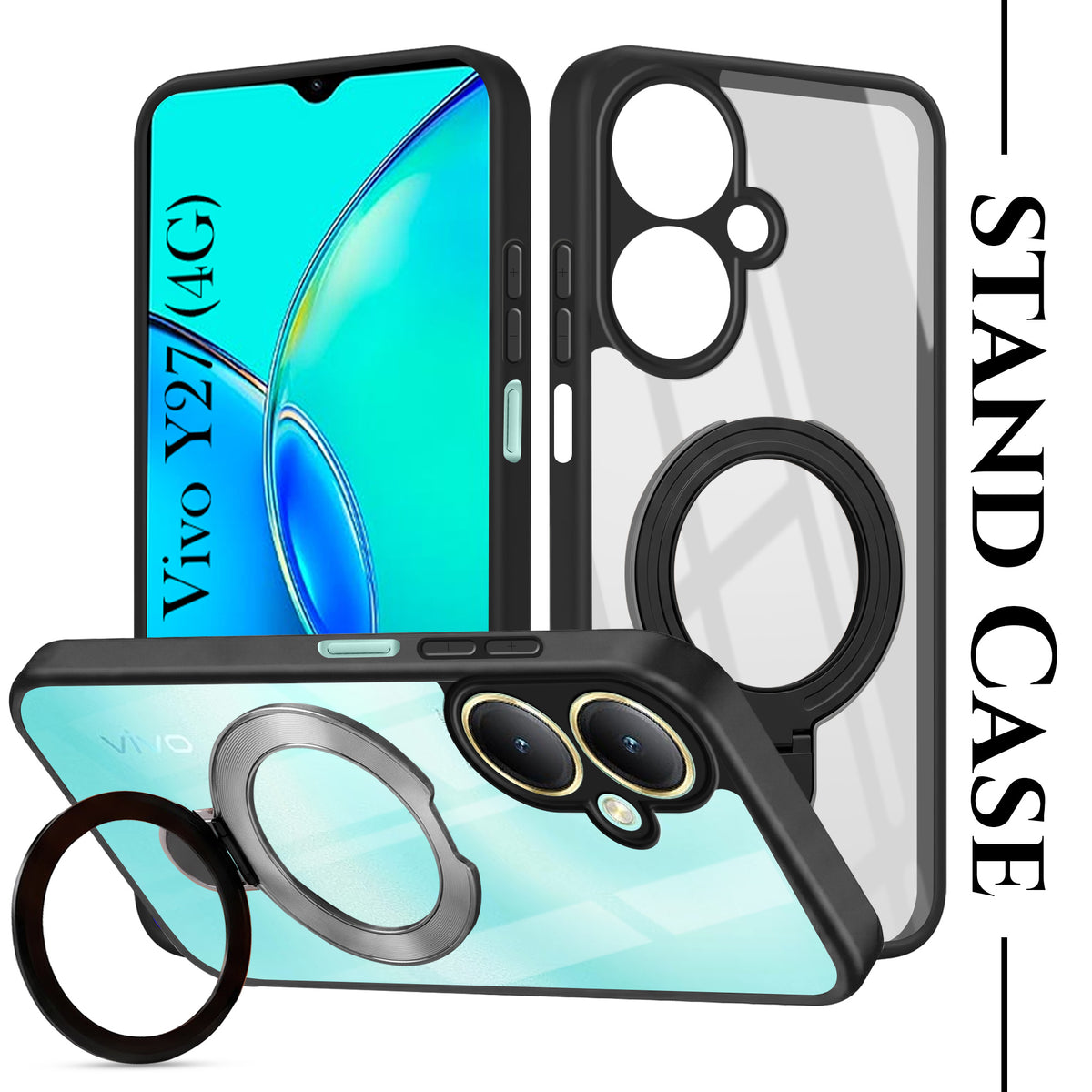 For Vivo Y27 Back Cover Case (Kick Stand Ring Holder | Life time Anti Yellow | Camera Protection)