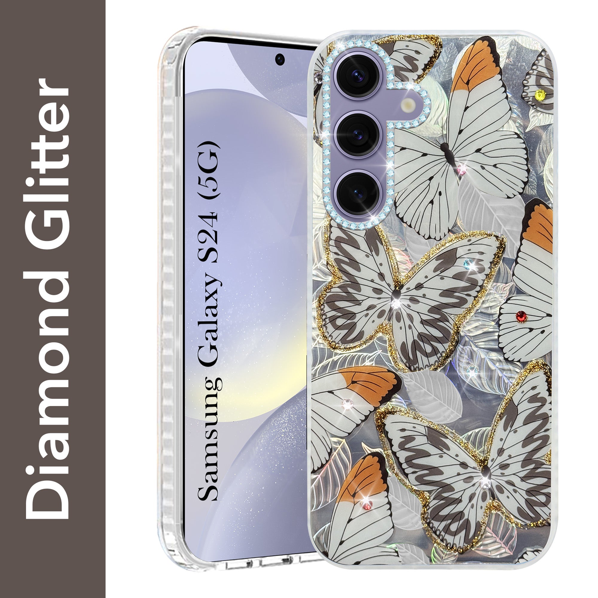 For Samsung Galaxy S24 Back Cover Case (Luxury Floral Glitter Cute Butterfly | Diamond Studded Camera Bump | Girls & Women Design)