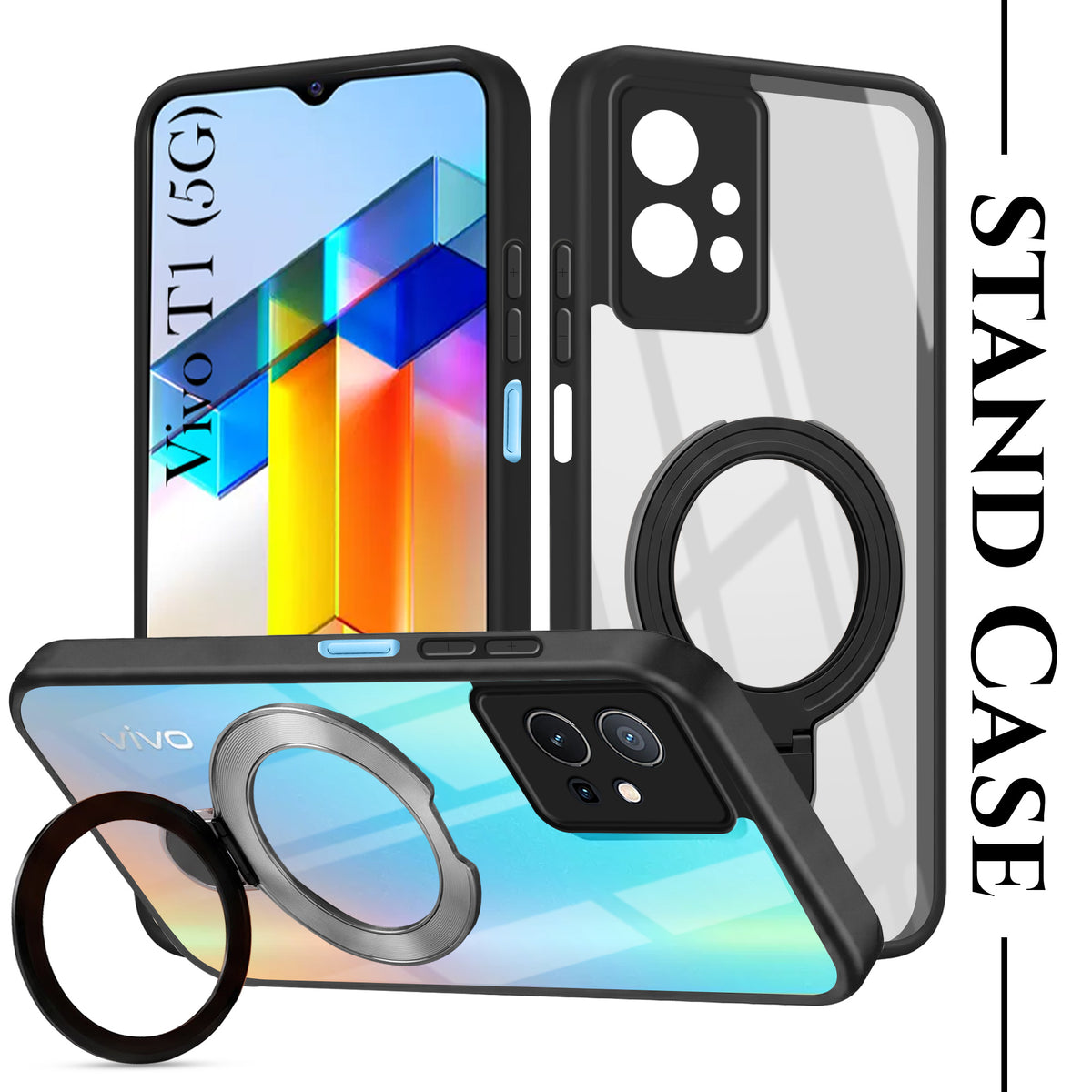For Vivo T1 5G Back Cover Case (Kick Stand Ring Holder | Life time Anti Yellow | Camera Protection)