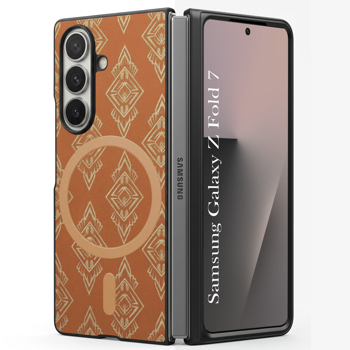 For Samsung Galaxy Z Fold 7 Back Cover Case Premium Magnetic (MagSafe Compatible | 180° Folding Design | Geometric Gold Pattern | Soft Microfiber Inner Lining)