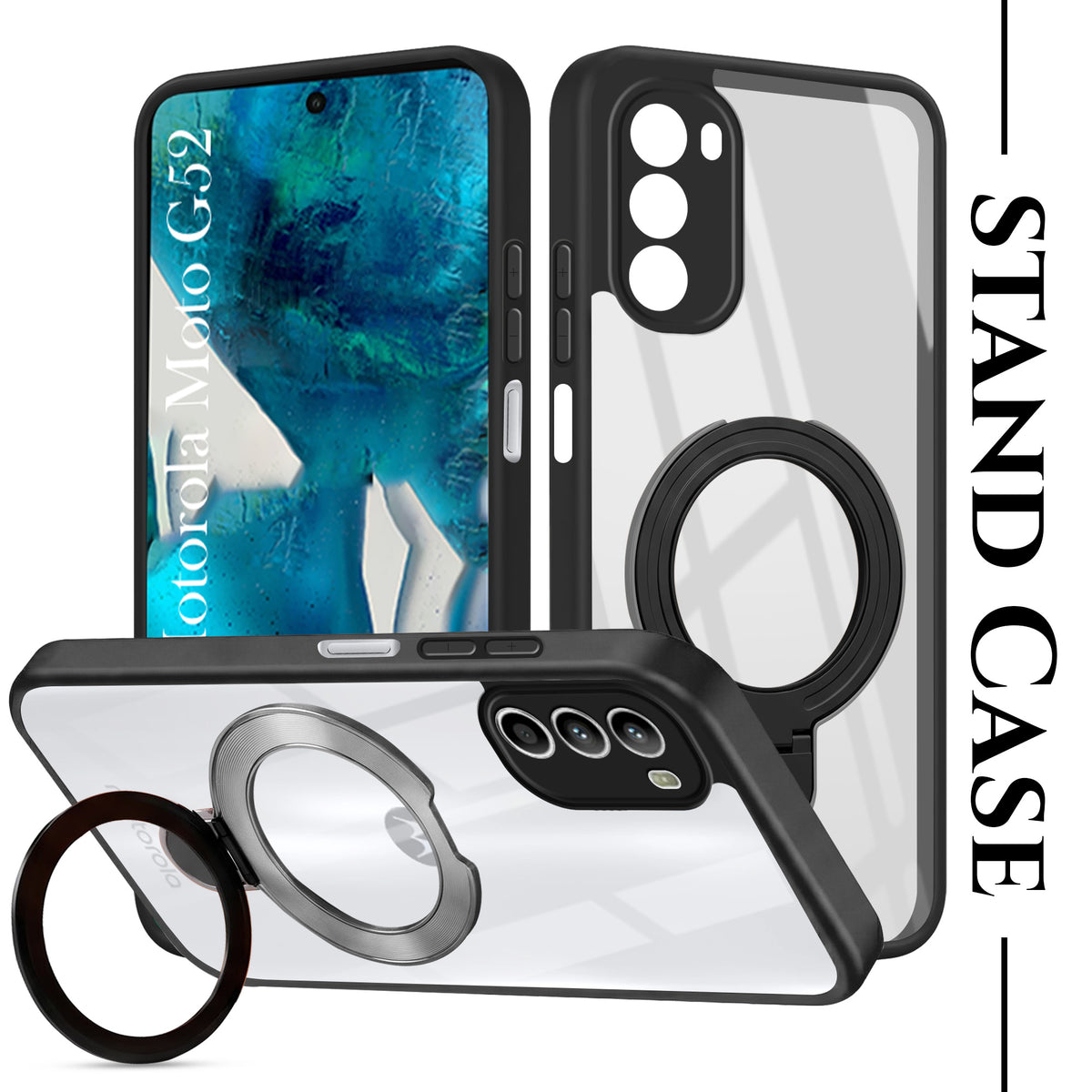 For Motorola Moto G52 5G Back Cover Case (Kick Stand Ring Holder | Life time Anti Yellow | Camera Protection)
